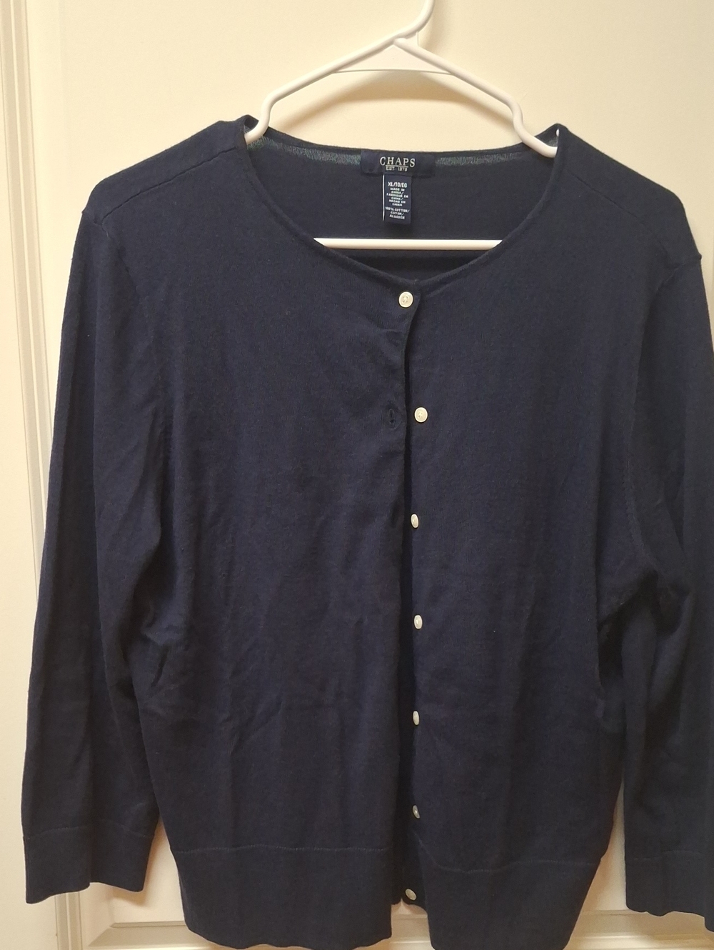 Chaps Women's Navy Button-Front Crewneck Cardigan 3/4 Length Sleeve